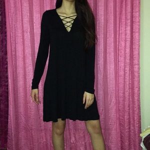 Black Long Sleeve Dress, Lace Neck, Midi Length